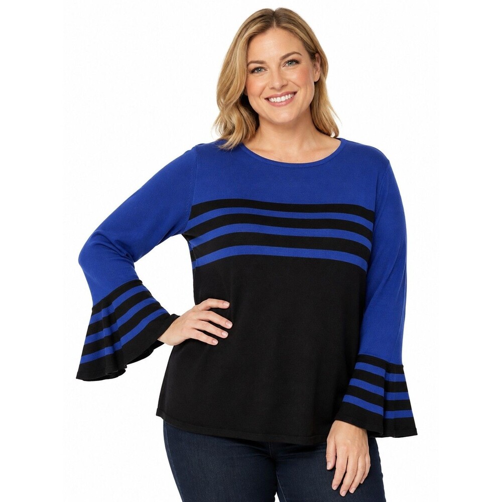 Alfani Womens Sweater Plus 2XL Blue Black Striped Knit Pullover bell sleeve NWT
